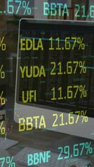 Wall Mural - animation of stock market data processing against caucasian man having a video call on computer
