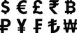 © Mon Amour - Set of currency symbols dollar, euro, pound, yen, won, rupee, franc, bitcoin, lira, ruble icon vector. Popular international currency sign isolated on transparent background. Vector illustration.