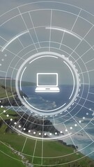 Wall Mural - animation of digital interface with computer icon overlaying coastal ocean waves