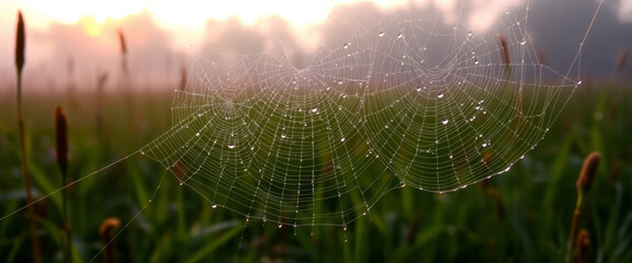 Delicate spider web glistens with dew in serene field