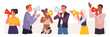 © Natalia - People speak into loudspeaker set. Man and woman diverse group holding megaphone to talk announcement and offer loudly, characters with bullhorns shout information cartoon vector illustration