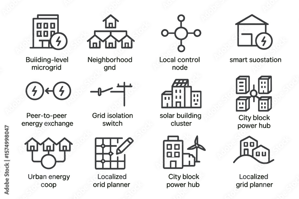 Smart energy grid icons: local control, microgrid, solar, power hub ...