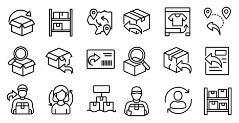 Set of icons for a delivery service. The icons include a person holding a package, a box, a truck, and a person looking through a box. The icons convey the idea of a delivery service