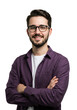 © Martti - Young caucasian male, early 20s, short dark hair, neat beard, modern black-rimmed eyeglasses, white t-shirt, purple unbuttoned shirt, arms crossed, direct eye contact, confident smile, clean white