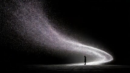 Wall Mural - Silhouette of Hope: A lone child stands silhouetted against a dark expanse, a stream of ethereal light particles arches overhead, conveying a sense of hope and possibility.