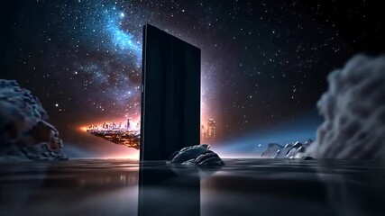 Wall Mural - surreal scene featuring a portal opening to a celestial city reflecting on tranquil water. dark mono