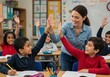 © Selda - A teacher high-fives students in a classroom, celebrating their success and participation during a lesson.