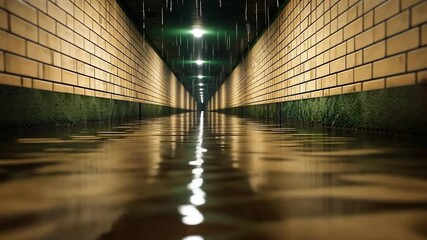 Wall Mural - a rain-soaked alleyway with brick walls reflects overhead lights and falling rain drops creating a m