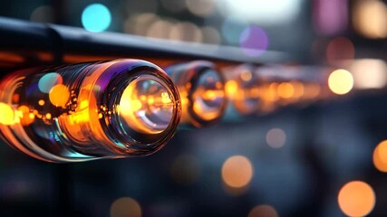 Wall Mural - close-up view of illuminated transparent glass cylinders or lenses arranged in a row against a blurr