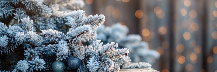 Wall Mural - winter holiday arrangement featuring snowy tree branches on a light wooden surface with space for yo