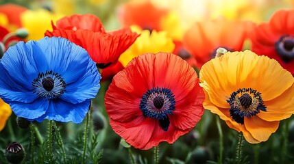 Wall Mural - A soft-focus shot of wildflowers in a meadow with sunlight filtering through in warm tones