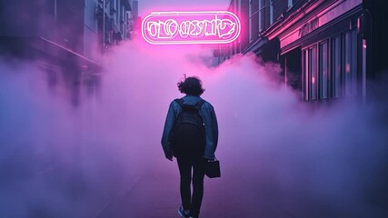 Wall Mural - silhouette figure walks towards neon sign with fog in alleyway vivid pink and purple hues