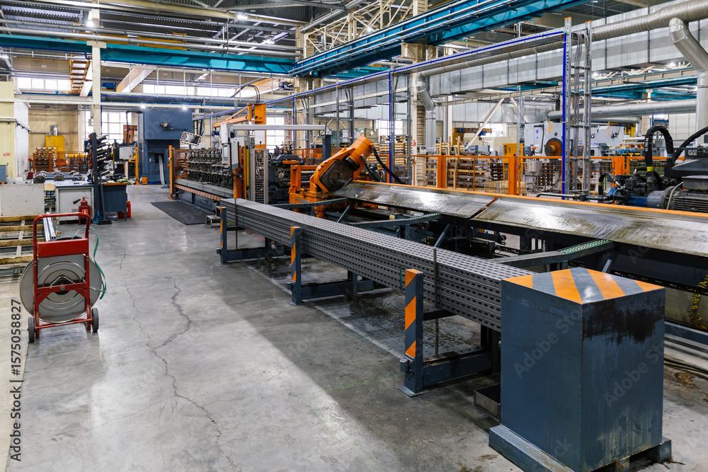 Metalworking factory production line. Production of metal profile cable ...