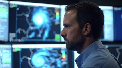 Man Reviews Weather Data on Multiple Monitors in Dark Blue Room Profile