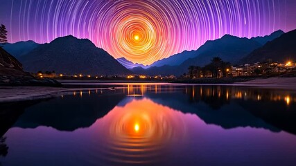 Wall Mural - panoramic landscape view of a lake reflecting colorful sunset skies and starry night with mountains 