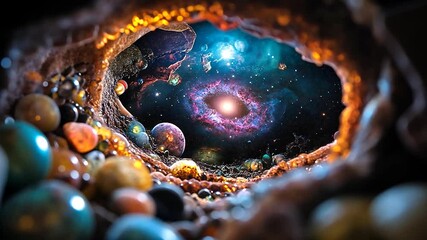 Wall Mural - a cinematic video showcasing a tunnel perspective revealing a vibrant galaxy with cosmic elements an