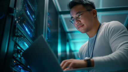 Asian IT Technician Working with Laptop in a Server Rack at a Modern Data Center. Ideal for showcasing cloud computing, network security, or tech support services.
