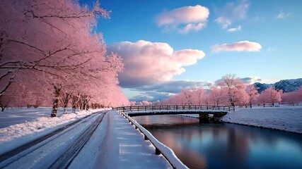 Wall Mural - winter landscape with a river pink cherry blossom trees and snow covered banks blue sky and white cl