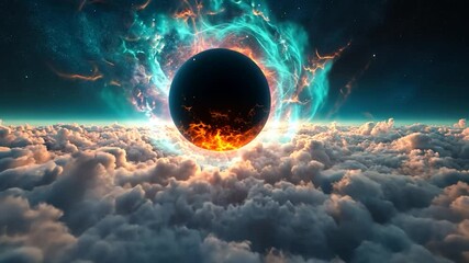 Wall Mural - abstract video of a glowing sphere surrounded by swirling celestial energy above fluffy clouds evoki