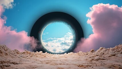 Wall Mural - surreal landscape featuring a circular portal opening to a blue sky surrounded by fluffy clouds over