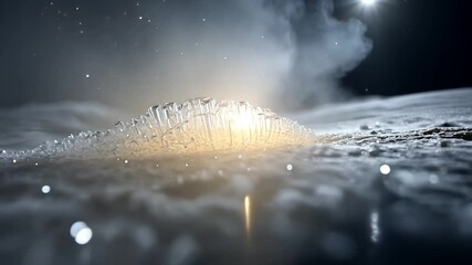Wall Mural - abstract video showcasing a glowing icy structure with steam rising against a starry night sky refle