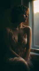 Wall Mural - Natural light illuminates a young caucasian woman with short curly hair, wearing a peach colored lace dress, as she sits pensively by a window, her gaze lost in thought