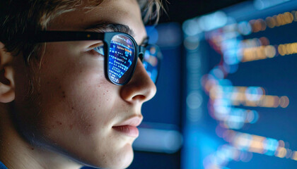 Focused Gaze: A youthful individual with glasses is immersed in a screen, the reflection of data streams dancing on their lenses, embodying technological focus and concentration.