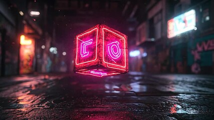 Wall Mural - illuminated magenta cube floating in a wet alleyway reflecting neon lights and graffiti with futuris