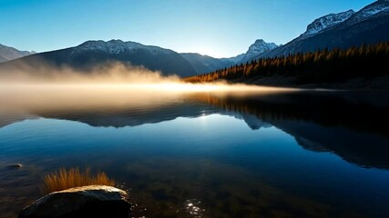 Wall Mural - golden sunrise over misty lake mountain range reflection tranquil scene golden light natural beauty 