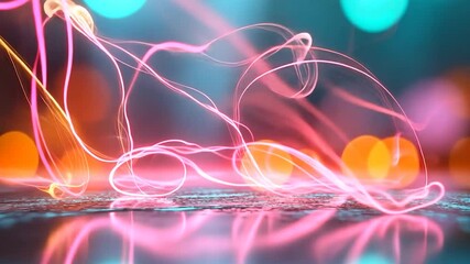 Wall Mural - abstract glowing neon light trails against a blurred background with bokeh effect reflecting on the 