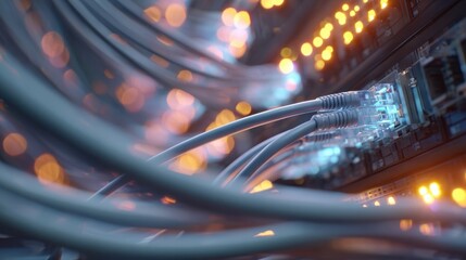 Wall Mural - a dynamic shot of ethernet cables cascading from a network switch highlighting the importance of rel