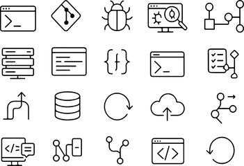 A collection of clean modern line art icons representing various aspects of software development coding debugging and data management with a minimalist aesthetic