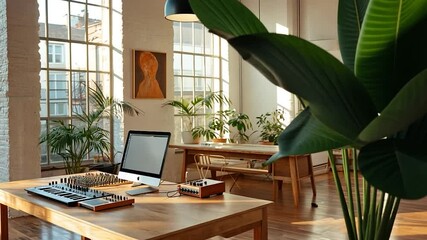Bright interior workspace showcasing a desk with a computer musical instruments and a large leafy plant near window light. Warm tones and wooden floors create a serene atmosphere