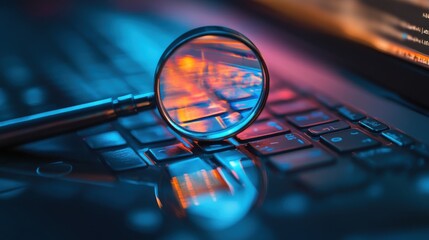 A magnifying glass rests on a laptop keyboard with colorful reflections on the screen and keys