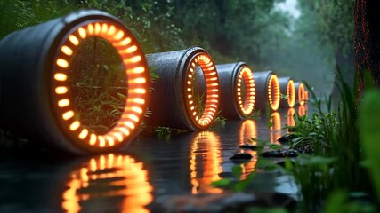 Wall Mural - illuminated circular structures along a flowing stream reflecting their warm glow within a lush fore