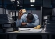 © kale.studio - fatigued businessman with his head on his desk holds up a sticky note reading 'BURNED' in a dimly lit office cubicle, surrounded by stacks of paper and binders, conveying severe work stress