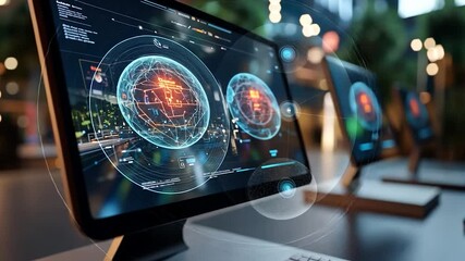 Wall Mural - generic digital screens displaying complex data visualizations with vibrant blue and orange hues aga