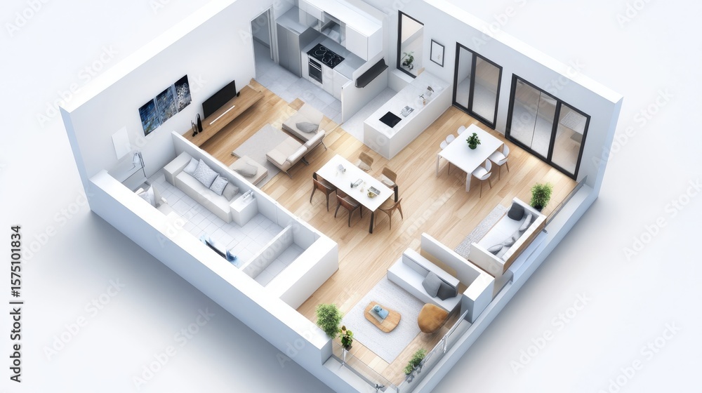Aerial view of a modern apartment floor plan with open concept living ...