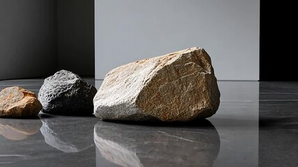 Wall Mural - three textured stones on a reflective surface in a minimalist indoor setting. neutral colors and sof