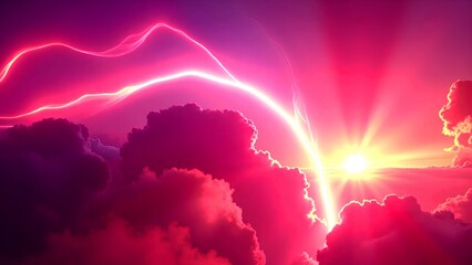 Wall Mural - A vibrant, surreal sunset with radiant pink and purple clouds illuminated by intense sun rays and streaks of light across the sky.
