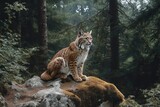 A majestic lynx sitting attentively on a moss-covered rock in a dense forest surrounded by tall trees and lush greenery