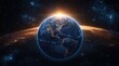 © btiger - View of Earth from space showing North and South America illuminated by city lights with the sun rising behind, surrounded by stars in the vast darkness of space