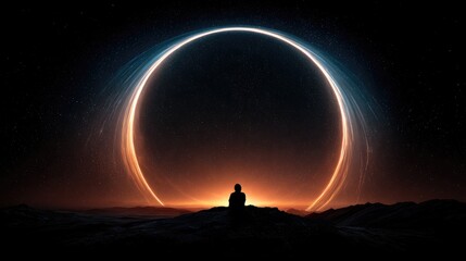 Wall Mural - Silhouetted figure gazes at a cosmic ring.