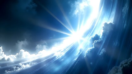a bright sunburst shines through dramatic clouds with a curved light streak effect, creating a cosmi