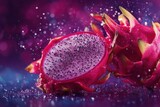 Close up of vibrant dragon fruit with seeds and colorful background with water droplets around it