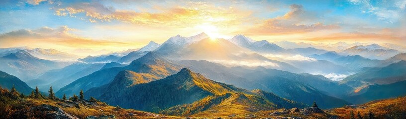 Panoramic view of layered mountain ranges at sunrise with golden light illuminating green slopes and misty valleys under a partly cloudy sky