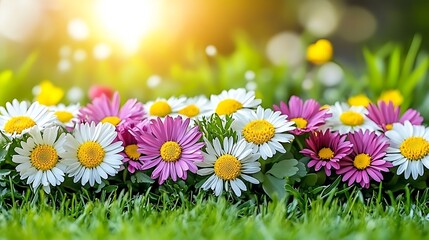 Wall Mural - A magical spring meadow with colorful flowers blooming under soft golden light.