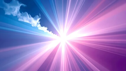 Wall Mural - A radiant burst of light shines between blue and purple hues, with a small fluffy cloud on the left under a dramatic sky.
