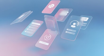 floating translucent smartphone interfaces showcase various app screens and user logins.