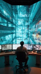 Wall Mural - a lone operator in a stateoftheart factory monitors stunning 3d projections of key performance data 
